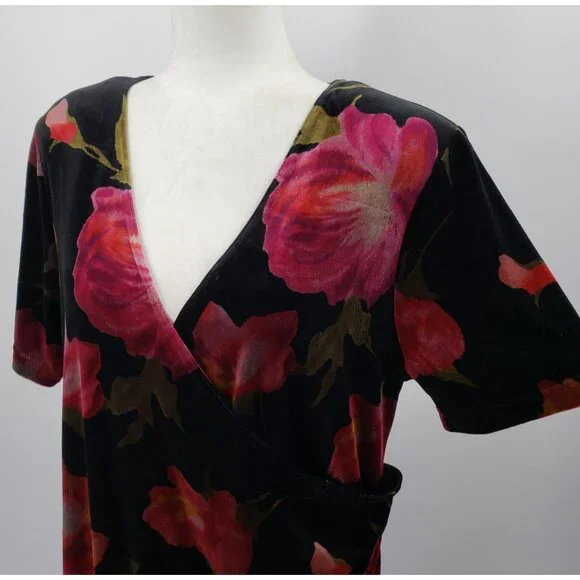 Vintage Los Angeles Woman Velvet Maxi Dress Size 14 Black Floral Faux Wrap - Picture 5 of 8